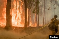 지난달 미국 캘리포니아주 요세미티 국립공원 인근에서 소방관이 산불을 진화하고 있다.