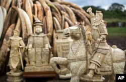 FILE - Confiscated ivory statues stand in front of one of around a dozen pyres of ivory, in Nairobi National Park, Kenya, April 28, 2016. A leading elephant conservation group said Wednesday, March 29, 2017 that the price of ivory in China has dropped.