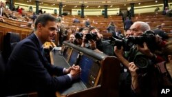 Spain's Prime Minister Pedro Sanchez is photographed at the Spanish parliament in Madrid, Feb. 13, 2019.