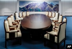 This is a meeting room for the April 27 summit between South and North Korea at the Peace House at the southern side of the Panmunjom in the Demilitarized Zone, South Korea. The photo was provided by South Korea Presidential Blue House, April 25, 2018.