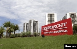 A sign of the Odebrecht SA construction conglomerate is pictured in Rio de Janeiro, Brazil, Feb. 26, 2016.
