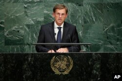 FILE - Then-Slovenian Prime Minister Miro Cerar addresses the 2015 Sustainable Development Summit, Sept. 25, 2015, at the United Nations headquarters.