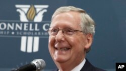 Senate Republican leader Mitch McConnell of Kentucky holds a news conference in Louisville, Kentucky, Nov. 5, 2014.