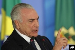 Brazil's President Michel Temer speaks during a ceremony at the Planalto Presidential Palace, in Brasilia, June 26, 2017.