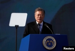 South Korean President Moon Jae-in delivers a speech during a ceremony celebrating the 99th anniversary of the March First Independence Movement against Japanese colonial rule, at Seodaemun Prison History Hall in Seoul, South Korea, March 1, 2018.
