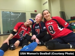 2016 Paralympians, from left, Asya Miller, Marybai Huking and Eliana Mason at a goalball training camp held in July at the Washington State School for the Blind in Vancouver, Washington.