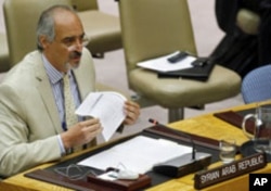 Bashar Ja'afari, Permanent Representative of the Syrian Arab Republic to the UN, speaks at a meeting of the Security Council on the situation in his country, 27 April 2011