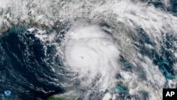Oct. 9, 2018 satellite image provided by NOAA shows Hurricane Michael, center, in the Gulf of Mexico. (NOAA via AP)
