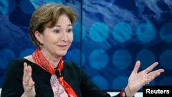 Anne-Marie Slaughter, President and CEO of New America, attends the session "The Diversity Dividend" in the Swiss mountain resort of Davos, Jan. 24, 2015.