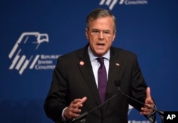 FILE - Jeb Bush, seeking the GOP nomination, speaks at the Republican Jewish Coalition Presidential Forum in Washington, Dec. 3, 2015. Connections to big donors weren't enough to sustain his campaign beyond February.