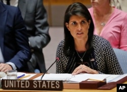 United Nations Ambassador from U.S. Nikki Haley address U.N. Security Council meeting on Myanmar's Rohingya crisis, Sept. 28, 2017 at U.N. headquarters.