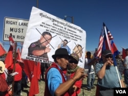 FILE - Hundreds of Cambodian-Americans from across the United States hold a protest at Sunnylands, California, on Feb. 15, 2016, to protest the visit of Cambodian Prime Minister Hun Sen and to demand greater respect of human rights in Cambodia.