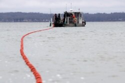 In this February 5, 2020, photo, nets are put into Smith Bay on Kentucky Lake near Golden Pond, Kentucky, during a roundup of Asian carp.