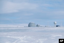 This photo taken on April 3, 2019, shows a radar facility on Kotelny Island, part of the New Siberian Islands archipelago located between the Laptev Sea and the East Siberian Sea, Russia.
