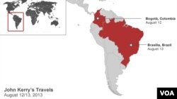 John Kerry travels to Colombia and Brazil, South America.