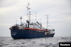 The Alan Kurdi vessel, run by the German charity Sea-Eye, sails in the Mediterranean sea, April 3, 2019.