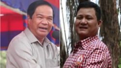 ​លោកនាយឧត្តម​សេនីយ៍ គន់ គីម (ឆ្វេង) ទេស​រដ្ឋមន្ដ្រី​ទទួល​បន្ទុក​បេសកកម្ម​ពិសេស និងឧកញ៉ា ទ្រី ភាព (ស្តាំ)។ (អូន ឆេងប៉រ/VOA និង Courtesy photo: Globalwitness.org)