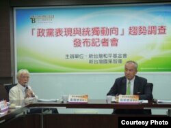 新台湾国策智库董事长吴荣义（右）和新台湾国策智库创办人辜宽敏（左）出席“政党表现与统独动向”民调结果记者会（新台湾国策智库提供）