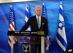 US Vice President Joe Biden and Israeli Prime Minister Benjamin Netanyahu, not seen, give joint statements in the prime minister's office in Jerusalem, March 9, 2016.