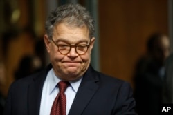 FILE - In this July 12, 2017, photo, Senate Judiciary Committee member Sen. Al Franken, D-Minn., arrives on Capitol Hill in Washington. Franken now, too, faces sexual misconduct allegations.
