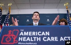 House Speaker Paul Ryan of Wisconsin, accompanied by Rep. Cathy McMorris Rodgers, R-Wash., right, speaks at a news conference following a GOP party conference at the Capitol in Washington, March 15, 2017.