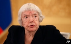 Moscow Helsinki Group Chairman and human rights activist, Lyudmila Alekseyeva speaks during a meeting of the Presidential Council for Civil Society and Human Rights at the Alexadrovsky Hall in the Kremlin in Moscow, Oct. 1, 2015.