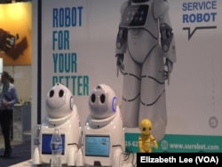 "Xiaoyou" are the two robots on the left. "Xiaoben" is the yellow robot on the right. All are created by the China-based BEIJING CANNY UNISBORO TECHNOLOGY CO., LTD.