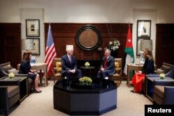 Jordan's King Abdullah, his wife Queen Rania (R), meet with U.S. Vice President Mike Pence, and wife Karen Pence, at the Royal Palace in Amman, Jordan, Jan. 21, 2018.