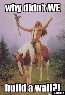 Memes such as this one, showing a Native American lamenting the coming of European colonialists, are springing up across social media sites.