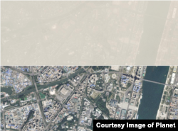 27일 '플래닛'이 평양 일대를 찍은 위성사진(위)과 지난해 9월16일에 찍은 위성사진을 비교한 모습. 이달 사진에선 미세먼지로 인해 평양 시내의 모습을 제대로 보기 어렵다. (사진제공=Planet)
