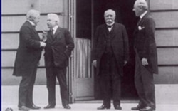 Left to right: Britain's Prime Minister David Lloyd George, Italy's Premier Vittorio Orlando, France's Premier Georges Clemenceau, and President Woodrow Wilson on June 28, 1919.