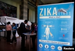 FILE - Material to prevent Zika infection by mosquitoes are displayed at the 69th World Health Assembly at the United Nations European headquarters in Geneva, Switzerland, May 23, 2016.