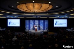 Britain's Prime Minister Theresa May speaks during the 2017 "Congress of Tomorrow" Joint Republican Issues Conference in Philadelphia, Pennsylvania, Jan. 26, 2017.