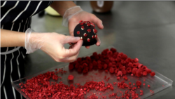 A confectioner arranges a cake shaped like a microscopic view of the coronavirus SARS-CoV-2 at a bakery.
