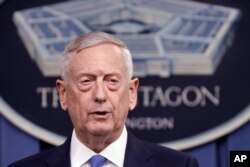 Defense Secretary Jim Mattis speaks at the Pentagon, May 19, 2017.