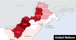 북한 함경북도 홍수 피해 지역: 유엔이 지난달 16일 공개한 북한 함경북도 수해 실사보고서에 들어있는 피해 지역 지도. 함경북도에서도 두만강과 접한 무산군, 연사군, 회령시 등이 집중적인 피해를 입었다. 색깔이 짙을 수록 피해가 심각한 지역으로, 무산군은 피해 가구가 5만 가구 이상, 연사군과 회령시는 각각 1만~5만 가구인 것으로 표시됐다.