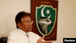 Former Pakistani president Pervez Musharraf speaks during an interview with Reuters in Dubai, January 8, 2012 file photo.
