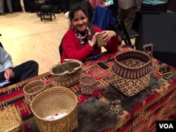 Vivian Cottrell is known for her double-sided baskets which she weaves from river cane and other natural products. (J.Taboh/VOA)