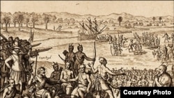 Engraving shows Chickahominies swearing an oath to Captain Samuel Argall and to the English Crown, by Johann Theodore de Bry after Georg Keller, 1619. Courtesy: John Carter Brown Library, Brown University.