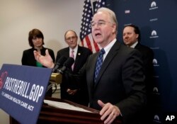 Health and Human Services Secretary Tom Price, joined by, from left, Rep. Cathy McMorris Rodgers, R-Wash., chair of the Republican Conference, Rep. Phil Roe, R-Tenn., and Rep. Pat Tiberi, R-Ohio, speaks during a news conference on Capitol Hill in Washington, March 17, 2017.