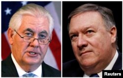 FILE - A combination photo shows U.S. Secretary of State Rex Tillerson (L) in Addis Ababa, Ethiopia, March 8, 2018, and Central Intelligence Agency (CIA) Director Mike Pompeo on Capitol Hill in Washington, Feb. 13, 2018 respectively.