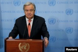 FILE - United Nations Secretary-General Antonio Guterres speaks in New York, Dec. 6, 2017.