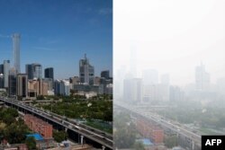 Kawasan bisnis Beijing pada hari biasa dan pada hari berkadar polusi tinggi.