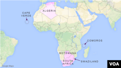 Algeria, Botswana, Cape Verde, Comoros, South Africa, and Swaziland, in Africa