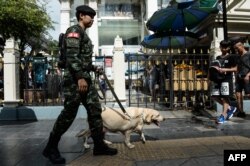 FILE - A Thai soldier with a sniffer dog walks near Erawan Shrine, a popular tourist destination that was the site of a bomb attack almost one year ago, in Bangkok on August 12, 2016.