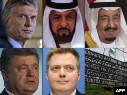 This combination of pictures created on April 4, 2016, shows six world leaders, clockwise, from top left, Argentinian President Mauricio Macri (March 23, 2016), Emirati President Sheikh Khalifa bin Zayed al-Nahayan (April 30, 2013 in London) and Saudi King Salma