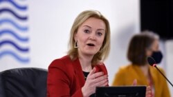 FILE: British Foreign Secretary Liz Truss speaks during a G-7 foreign and development ministers session with guest countries and ASEAN nations in Liverpool, Britain, Dec. 12, 2021.