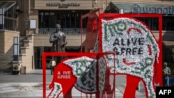 An installation showing a rhino and an elephant is seen in Mandela Square as part of the CITES (Convention on International Trade in Endangered Species of Wild, Fauna and Flora) convention in Johannesburg, South Africa, Sept. 26, 2016.