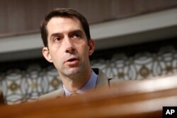 FILE - Senate Armed Services Committee member Sen. Tom Cotton, R-Ark., is seen on Capitol Hill in Washington, July 11, 2017.