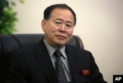 Han Song Ryol, North Korea's vice minister of foreign affairs, speaks during an interview with The Associated Press, April 14, 2017, in Pyongyang, North Korea.